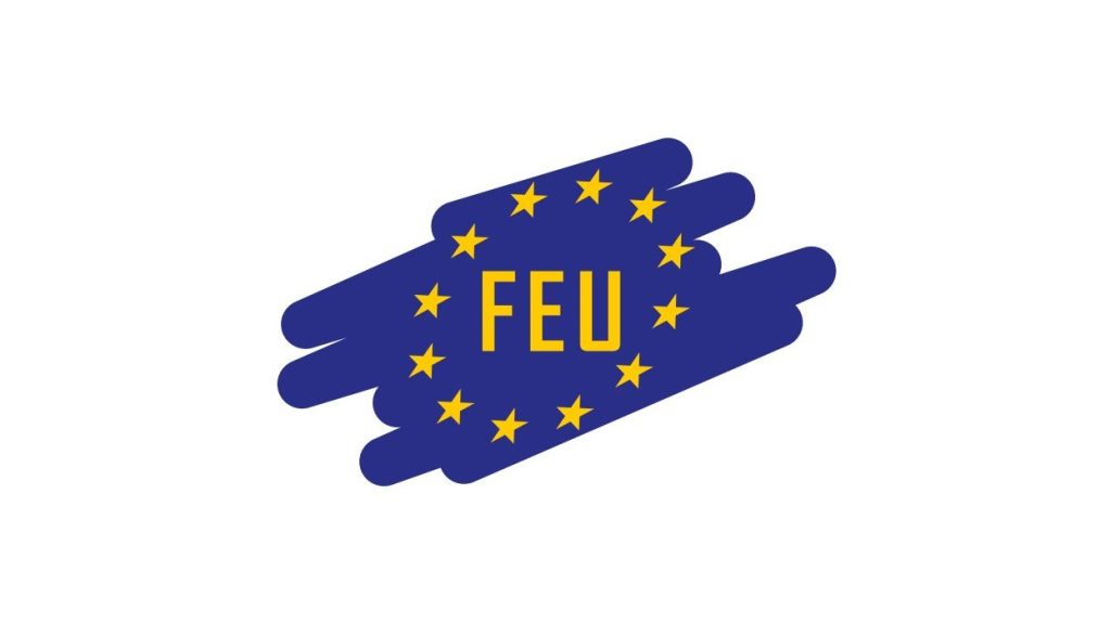 FEU-teksti EU-lipputähtien keskellä. Taustalla sininen väritys.