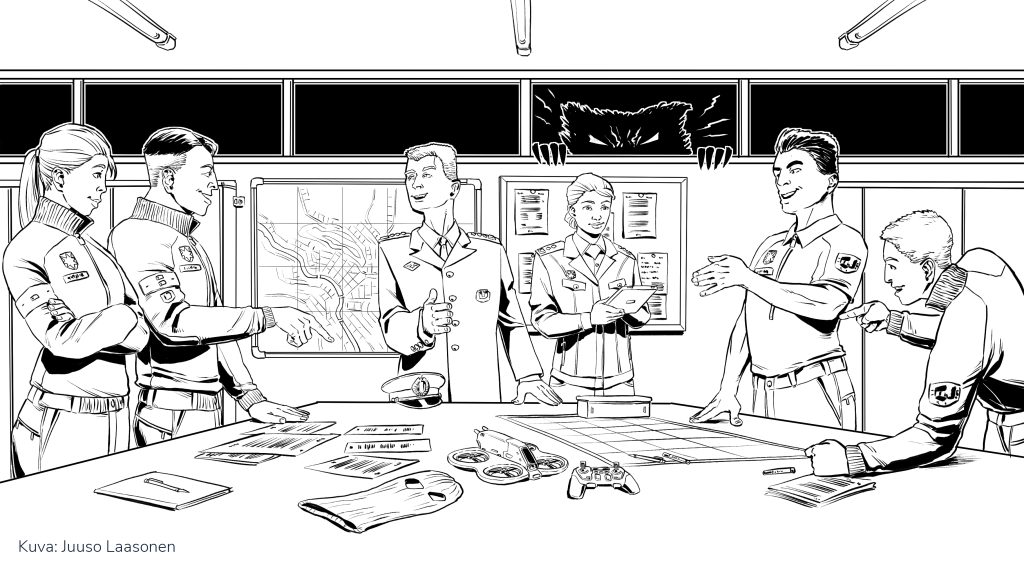 Piirretty kuva, missä pelastustoimen henkilöstöä pöydän ympärillä ja mörkömäinen hahmo kurkkaa ikkunan takaa. KUVA: Juuso Laasonen.