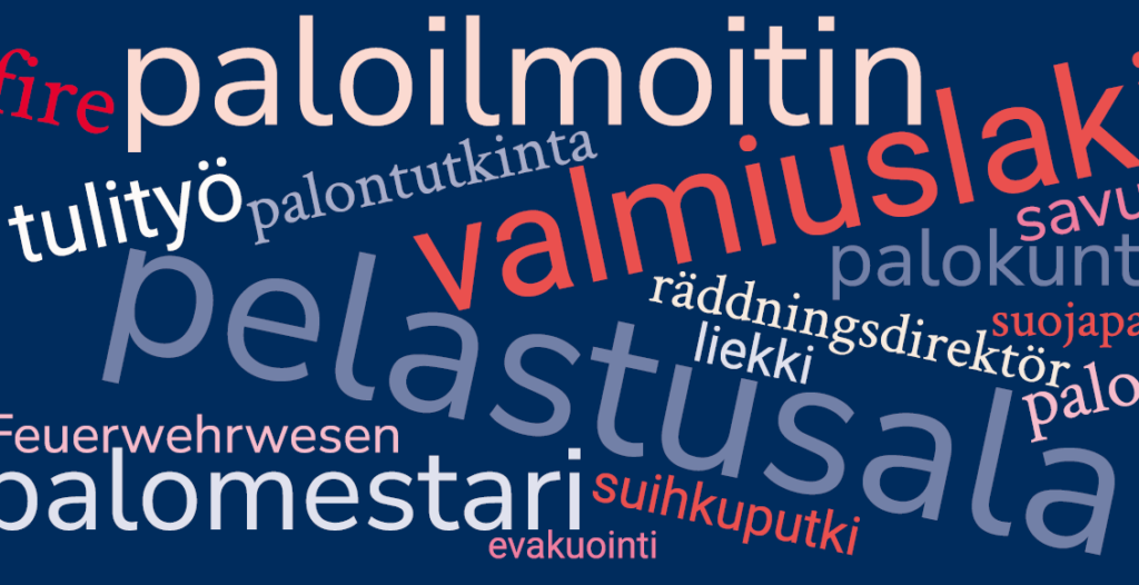 Pelastusalalla tyypillisiä sanoja sanapilvimuodossa.